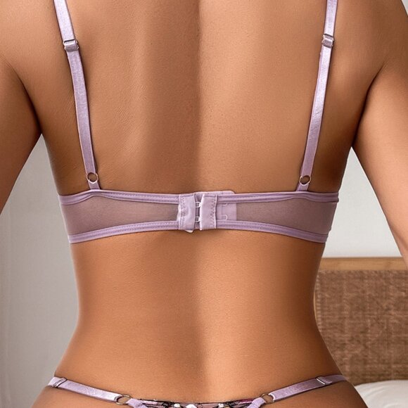 Purple Embroidery Floral Longline Bra Set Women Lingerie Set Mesh Underwear - Picture 7 of 14